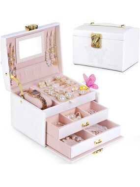 Pretty Comy Jewelry Box Organizer w/ Mirror 3 Layer Travel Case NEW